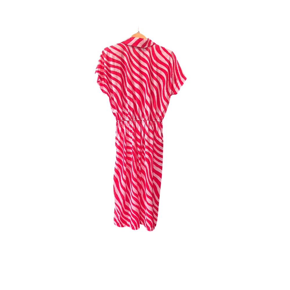 Vintage Red White Abstract Print Button Up Short Sleeve Midi Dress Elastic Waist